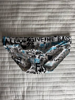 Men's White & Black Graphic Swim Trunks with Blue Accents